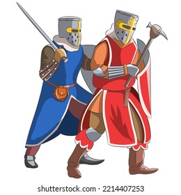 Two walking men in knightly armor isolated on white background.