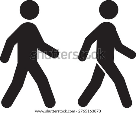 Two walking person silhouettes. Icon representing movement and progress. Forward motion.