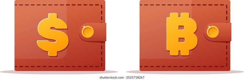 two wallets with dollar and bitcoin signs, the concept of electronic and conventional wallets