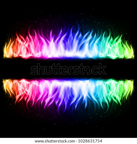 Two Walls of Abstract Rainbow Fire in Mirror Reflection with Blank Space Between Them. Illustration on Black Background