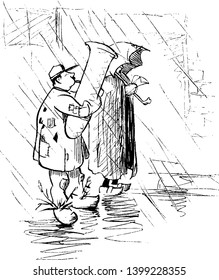Two wandering minstrels in rain, one of them holding umbrella, vintage line drawing or engraving illustration