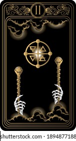 Two of wands. Card of Minor arcana black and gold tarot cards. Tarot deck. Vector hand drawn illustration with occult, mystical and esoteric symbols.