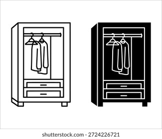 Dois armários de guarda-roupa com roupas penduradas e gavetas em linha preta e branca