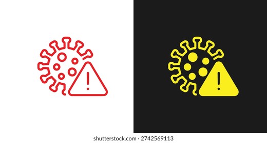 Two warning signs with exclamation marks, one in red on white and one in yellow on black, representing health and medical alert concepts with a virus theme