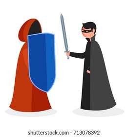 Two warriors fighting, man in red hooded mantle defend with shield against the criminal conspiracy of skurk man in black in mask with sword
