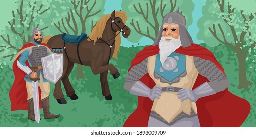 Dos guerreros en el bosque, disfraces medievales de caballeros, defensores y héroes vestidos de rojo, caballero a caballo, profesor y estudiante, padre e hijo, un anciano y un joven guerrero. Vector