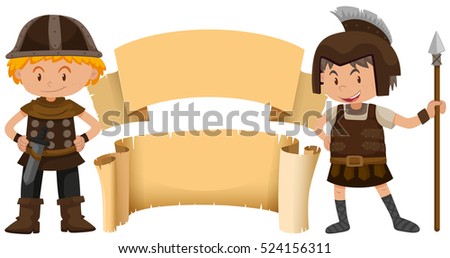 Two warriors with medieval label illustration