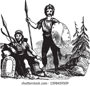 Two warriors with spears and shields, vintage line drawing or engraving illustration