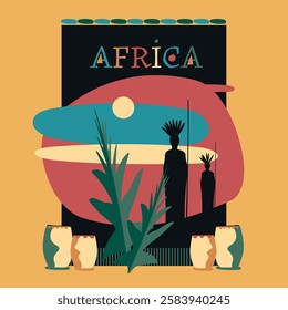 Two warriors in a sunset, african landscape. Vector design. Africa cover