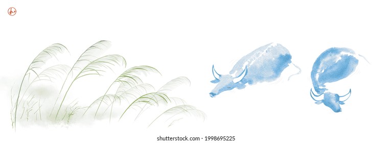 Two water buffalo in river and leaves of green grass. Traditional oriental ink painting sumi-e, u-sin, go-hua on white background. Hieroglyph - harmony