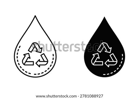Two water drop shapes outlined in line art style, one containing a recycling symbol with arrows. Minimalist design for environmental themes.