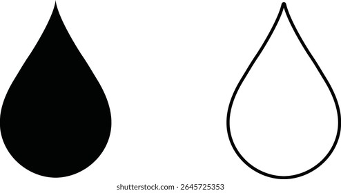 Two water droplet icons black filled and outline on white background graphic design