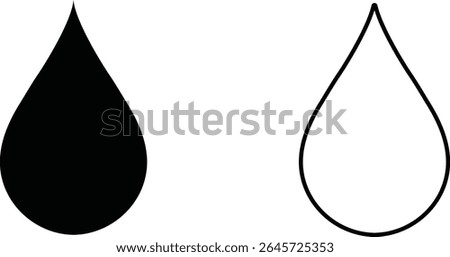 Two water droplet icons black filled and outline on white background graphic design