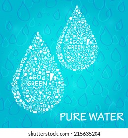 Two Water Drops. Go Green Eco Card. Ecology Concept Vector Illustration.