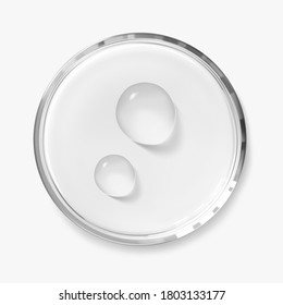 Two water drops on petri dish isolated realistic vector illustration, top view. Concept laboratory tests and research. Transparent chemistry glassware