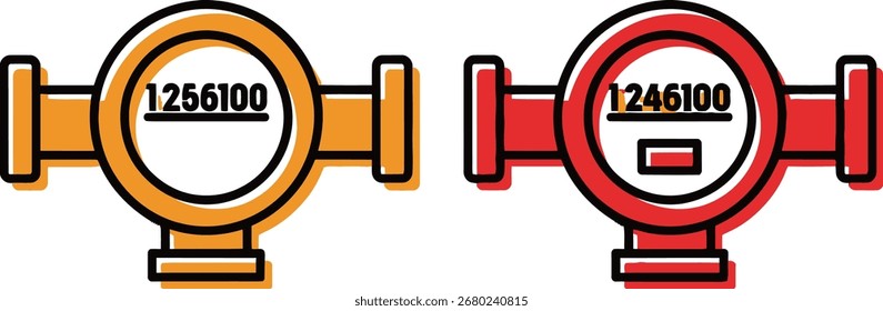 Se representan dos metros de agua, uno naranja y otro rojo.  Cada medidor tiene una pantalla circular con una lectura numérica y dos tuberías de conexión.