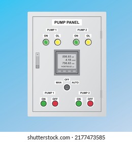 Two water pump control panel with power or energy meter, indicator lamp, push switch for on-off system, Front view in flat vector