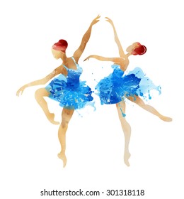 Two watercolor ballerina dancing in blue