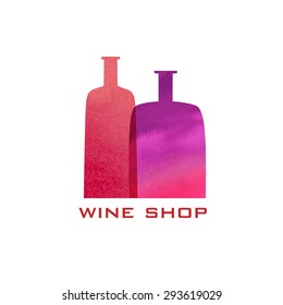 Two watercolor bottles silhouette. Menu wine design background. Vector logo for shop. 