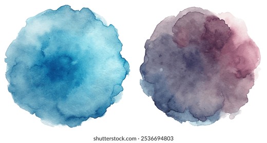 Two watercolor circles with blue and purple swirls. The circles are different sizes and colors. The blue circle is larger and has a more defined shape, while the purple circle is smaller