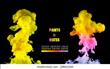 Zwei Wasserfarben. Farbe, die sich in Wasser dreht.  Magischer Moment. Schwarzer Hintergrund.