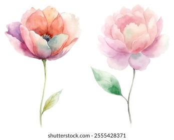 Two watercolor flowers with green leaves. The flowers are arranged in a way that they are almost touching each other