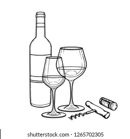 Two watercolor glasses of wine, bottle, cork and corkscrew. Kitchen still life. Vector design isolated on white background