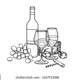 Two watercolor glasses of wine, bottle, grapes, cheese and corkscrew. Kitchen still life. Vector artwork isolated on white background