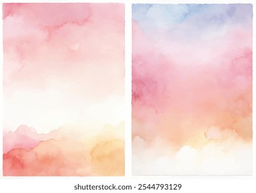 Duas pinturas em aquarela de um céu rosa e laranja. As pinturas são de estilo semelhante e têm uma paleta de cores semelhante