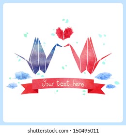 Two watercolor paper cranes, love colorful card. Can be used for postcard, valentine card, wedding invitation