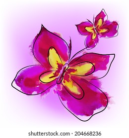Two watercolor purple butterfly. Vector 