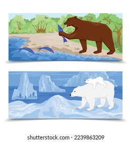 Dos banderas horizontales aisladas de acuarela con oso pardo y polar en el medio habitable típico ilustración vectorial plana