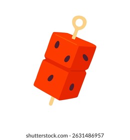 Two watermelon cubes skewered on a stick, summer snack concept, stylized flat icon.