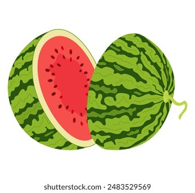 Two watermelon halves. Ripe red cut watermelon. Hand drawn Trendy flat style isolated half fruit organic natural dessert, healthy sweet red juicy Sliced summer fruit. Vector illustration