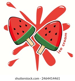 Two Watermelon ice cream with water Melon splash. Summer Water Melon Vector Banner Template Summer Vibes Text With Tropical Fruit Water Melon.