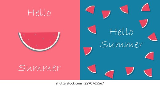 Two watermelon slices on a blue background with the words hello summer.