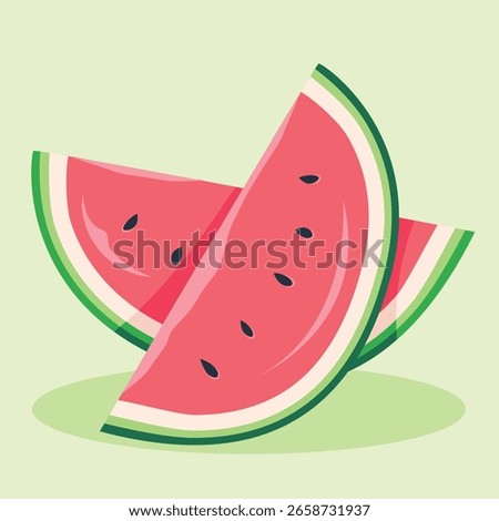 Two watermelon slices overlapping each other, displaying the red flesh, black seeds, green rind, and light green background.