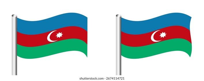 Dos banderas azerbaiyanas ondeando con rayas azules, rojas y verdes y una estrella creciente sobre fondo blanco.