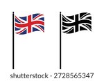 Two waving United Kingdom flags are shown, one in full color and the other as a stark black silhouette These national symbols represent British patriotism