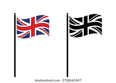 Zwei schwenkende britische Flaggen werden gezeigt, die eine in voller Farbe und die andere als krasse schwarze Silhouette. Diese nationalen Symbole repräsentieren den britischen Patriotismus