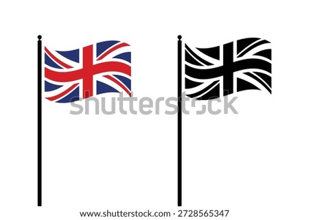 Two waving United Kingdom flags are shown, one in full color and the other as a stark black silhouette These national symbols represent British patriotism