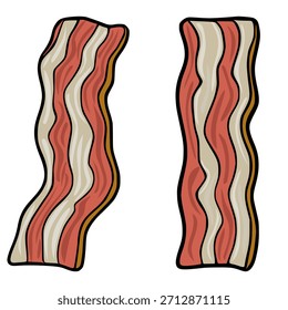 Zwei gewellte Streifen aus gerendertem Speck mit unterschiedlichen Fett- und Fleischschichten, dargestellt als saubere Vektorgrafik.