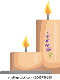 Two wax candles with a sprig of lavender, on the table on a light background. Spa lavender set. Relax, rest.