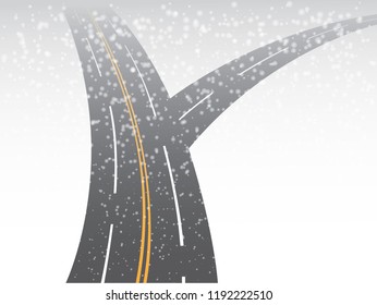 A two way asphalt road in winter season where snow is falling from the sky vector illustration