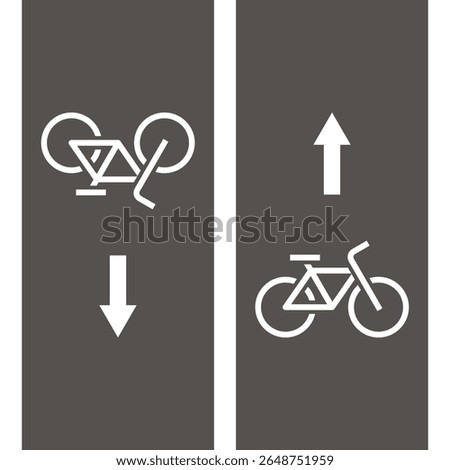 Two way bicycle road markings, city street symbols. Cycle path with bike and arrow symbol. Bike lane direction sign, bike area icon, bicycle zone symbol, road marking.