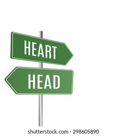 Two way green road sign heart and head. Vector illustration.