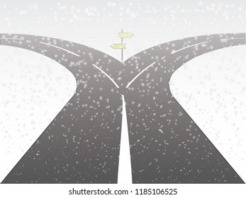 Two way highway roads with direction arrows in snowy weather vector illustration
