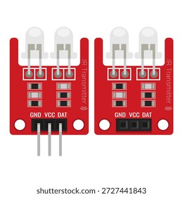 Módulo de transmissor infravermelho bidirecional definido isolado no fundo branco. Sensor de emissor infravermelho no vetor de PCB vermelho. Ilustração técnica para documentação de projetos eletrônicos, tutoriais de microcontroladores e diagramas de automação industrial