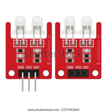 Two way IR Transmitter module set isolated on white background. Infrared emitter sensor on red PCB vector. Technical illustration for electronics project documentation, micro-controller tutorials, and industrial automation diagrams