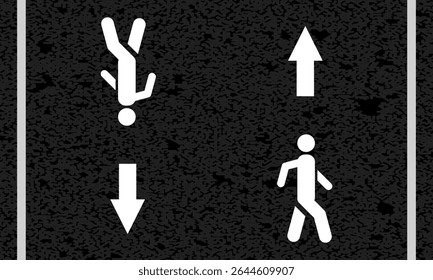 two way pedestrian road markings, city street symbols, white walking man path painted asphalt, safe moving lane, arrows direction sign